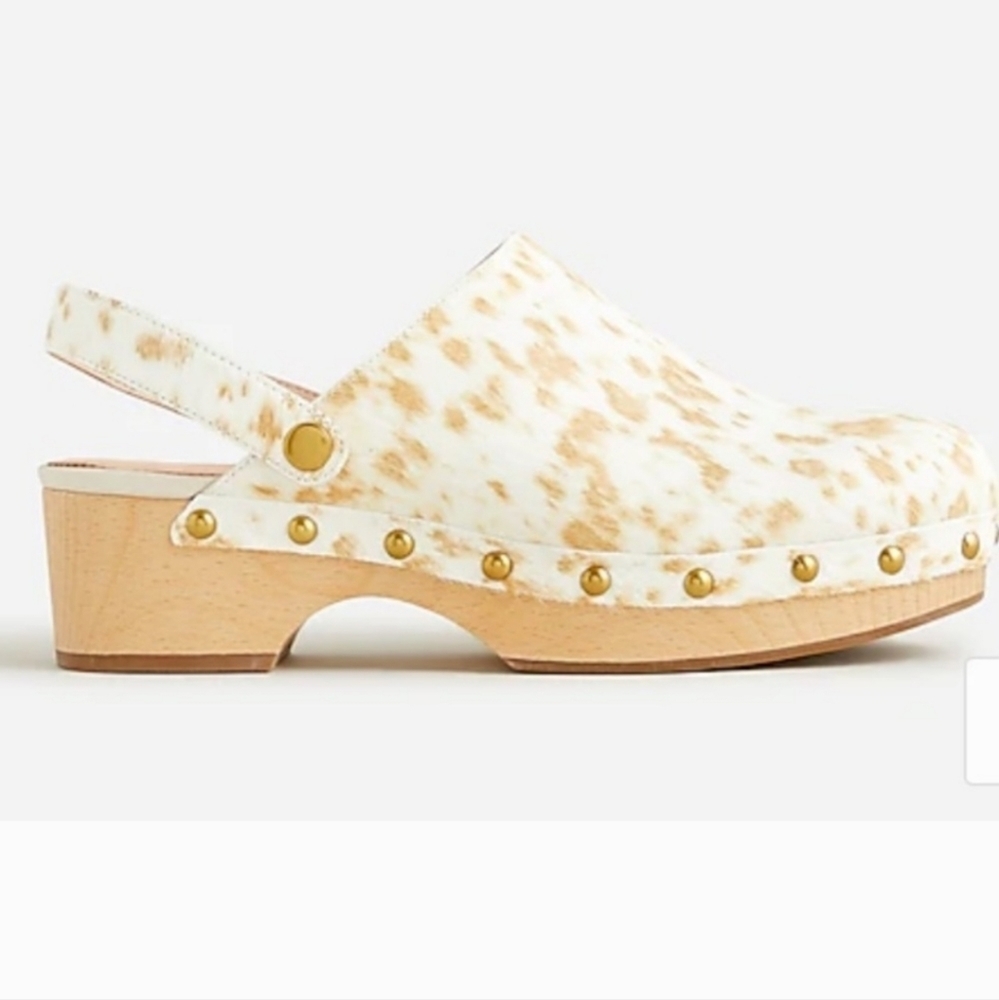 J Crew Calfhair Cowprint Convertible Wood Clogs